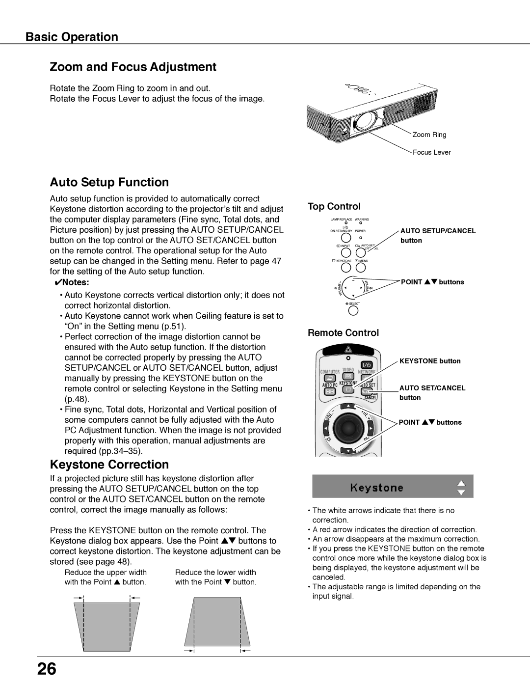 Eiki LC-WB40N owner manual Basic Operation Zoom and Focus Adjustment, Auto Setup Function, Keystone Correction 