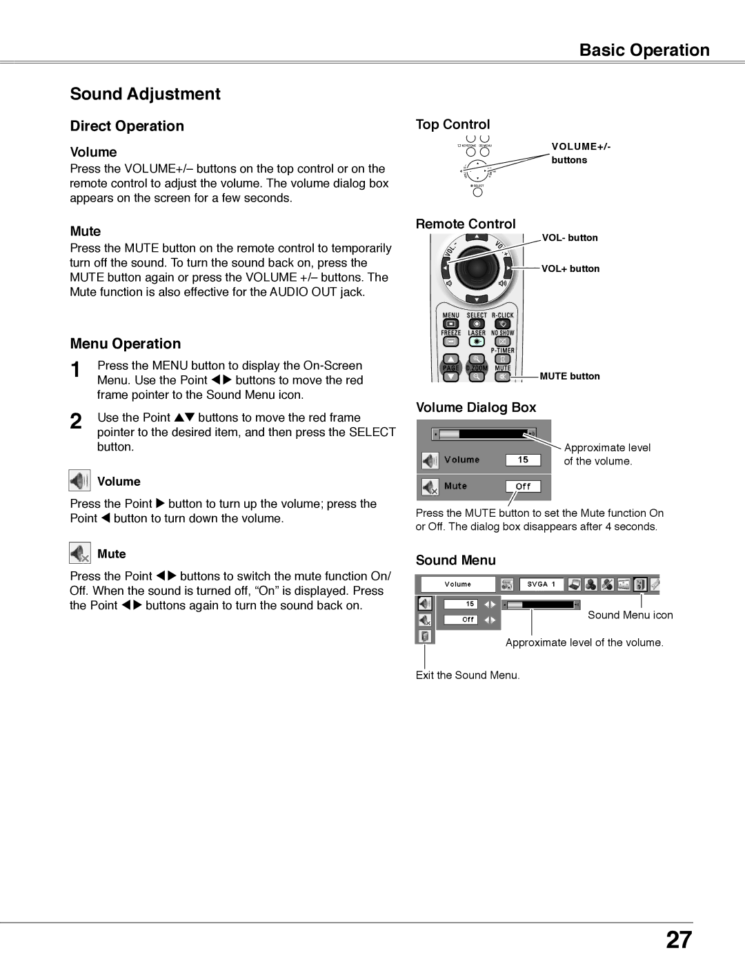 Eiki LC-WB40N owner manual Basic Operation Sound Adjustment, Direct Operation, Menu Operation 