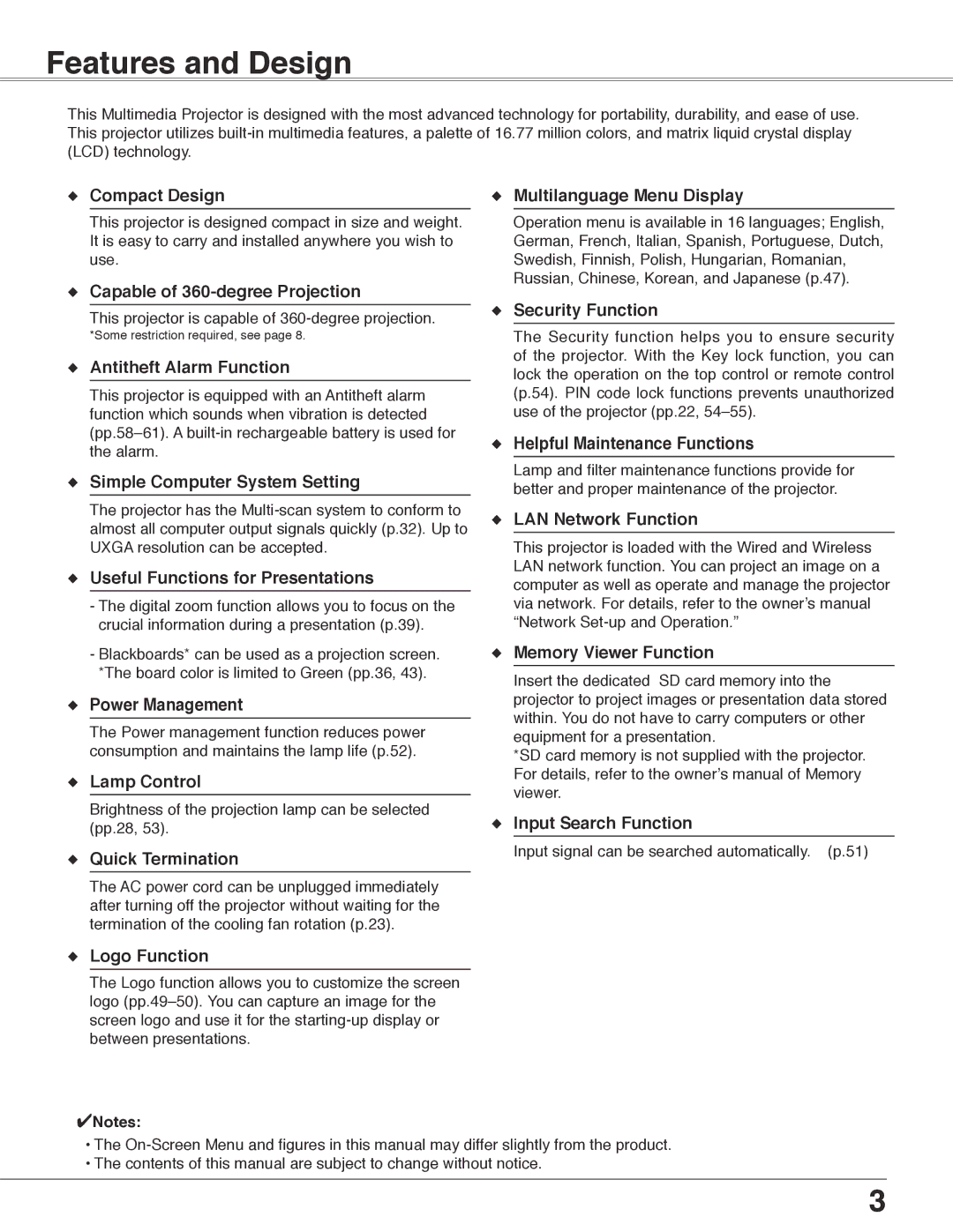 Eiki LC-WB40N owner manual Features and Design 