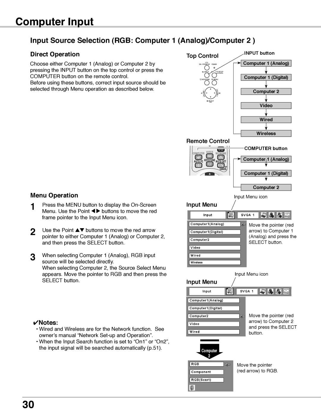 Eiki LC-WB40N owner manual Computer Input, Input Source Selection RGB Computer 1 Analog/Computer, Input Menu 