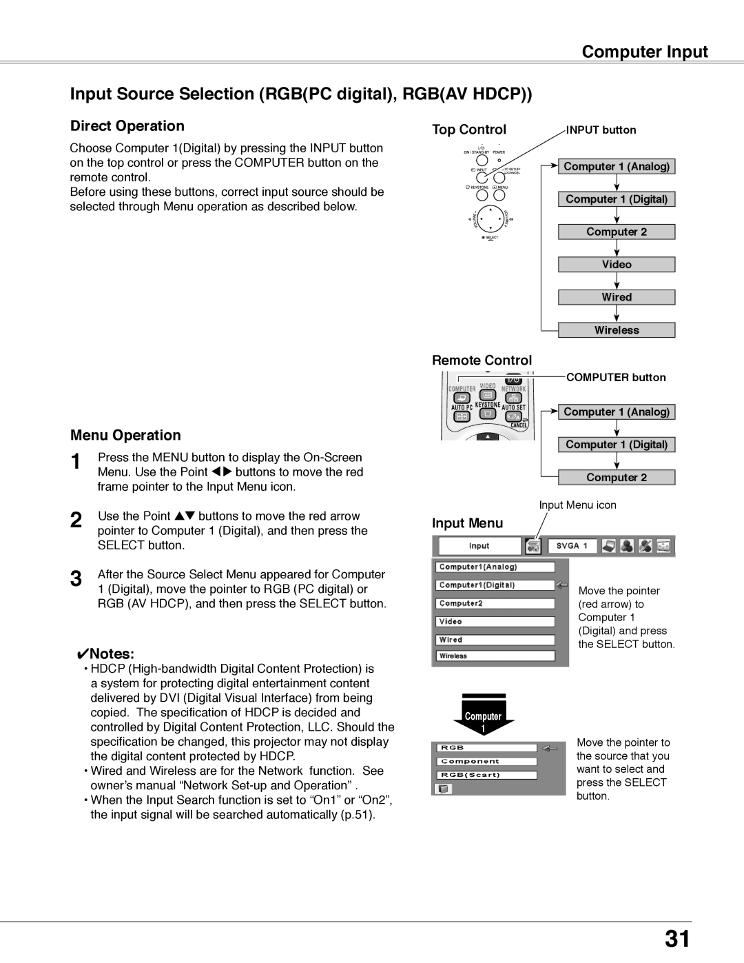 Eiki LC-WB40N owner manual Computer Input, Input Source Selection Rgbpc digital, Rgbav Hdcp 