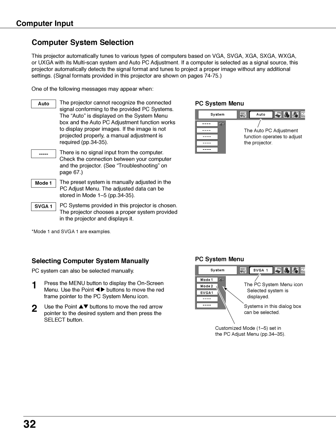 Eiki LC-WB40N owner manual Computer Input Computer System Selection, Selecting Computer System Manually 