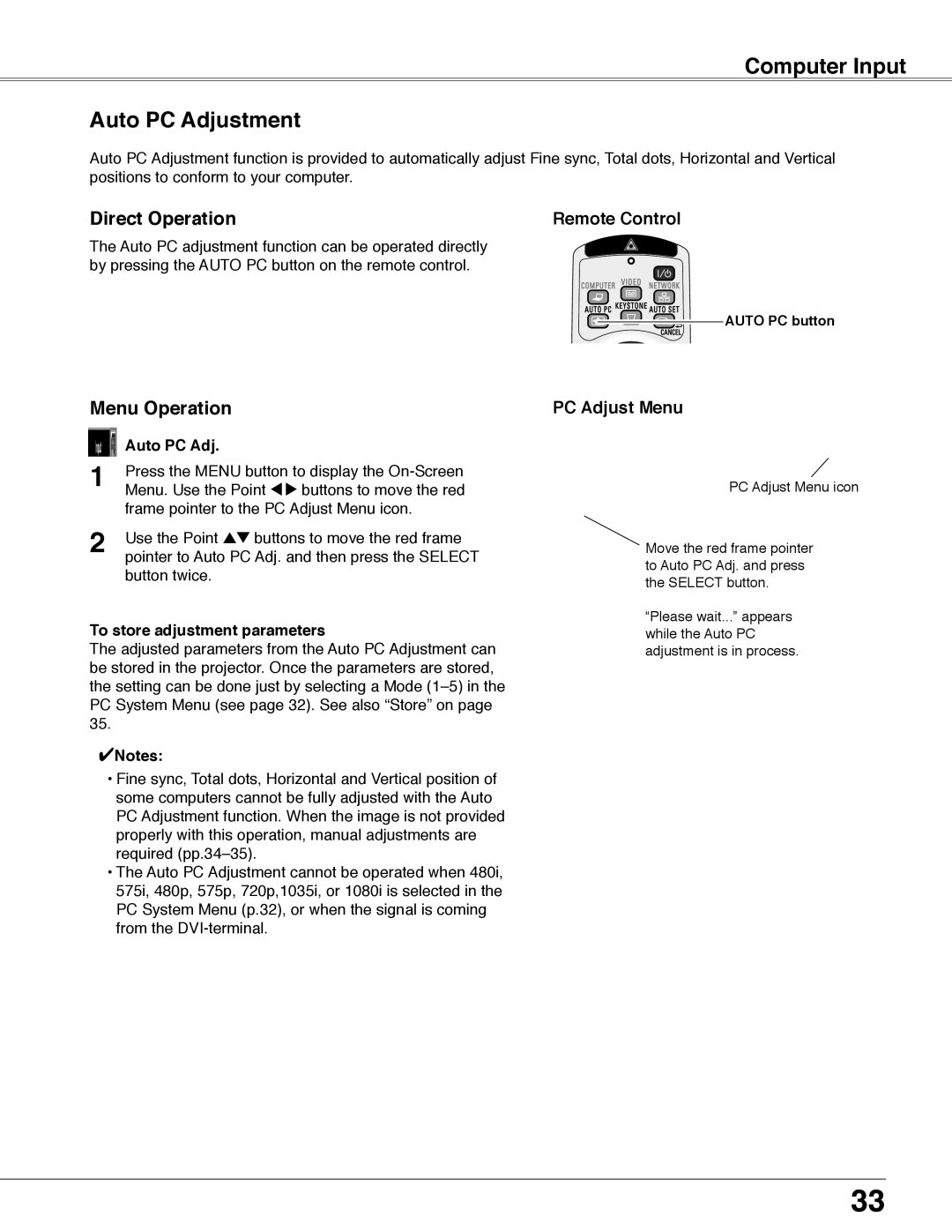 Eiki LC-WB40N owner manual Computer Input Auto PC Adjustment, PC Adjust Menu, To store adjustment parameters 