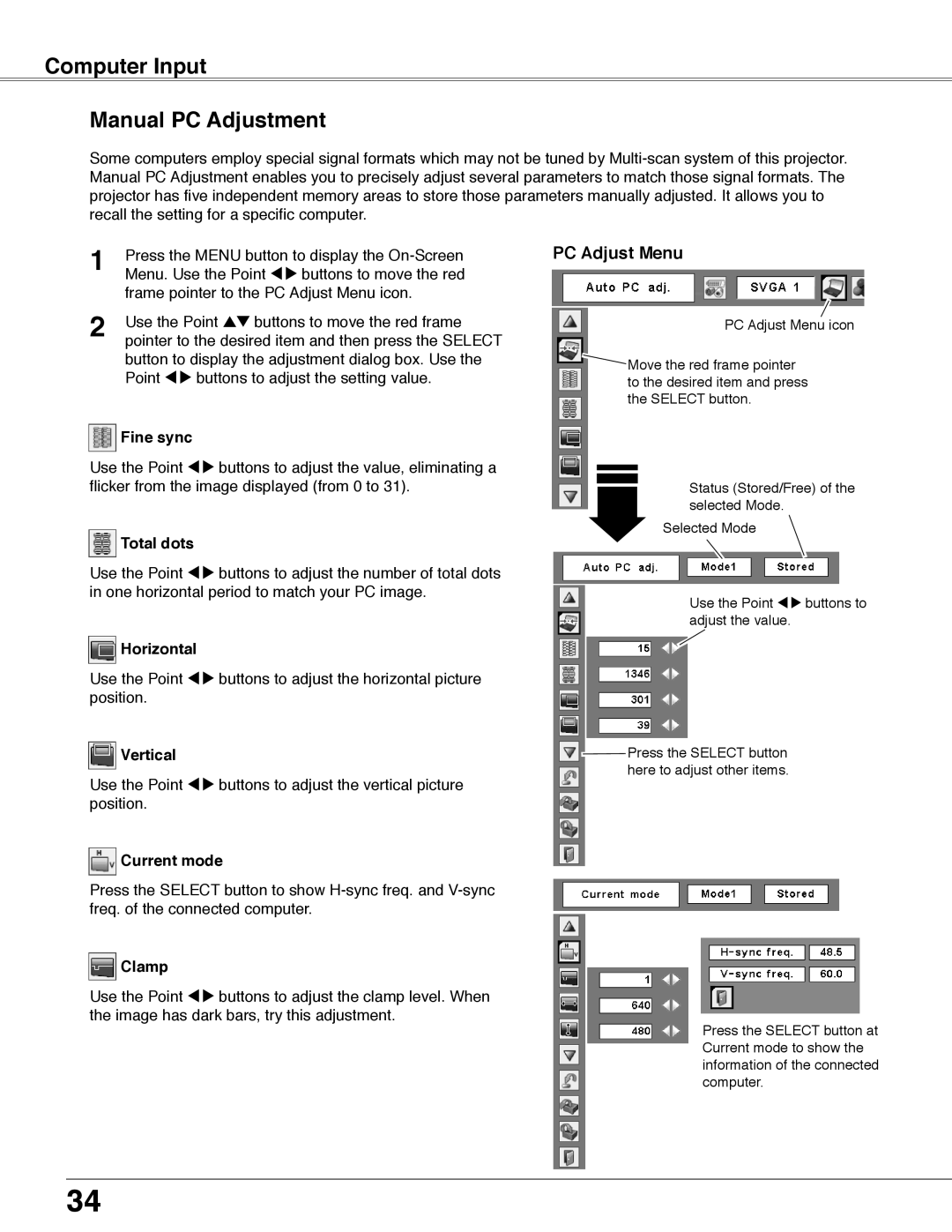 Eiki LC-WB40N owner manual Computer Input Manual PC Adjustment 