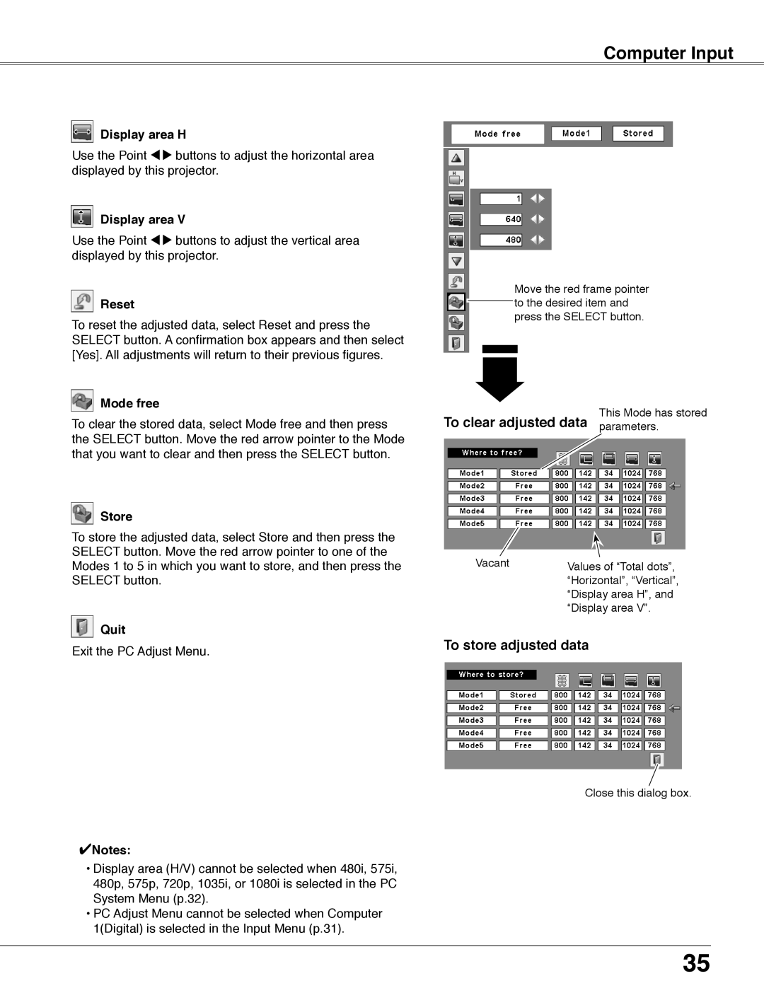 Eiki LC-WB40N owner manual To clear adjusted data, To store adjusted data 