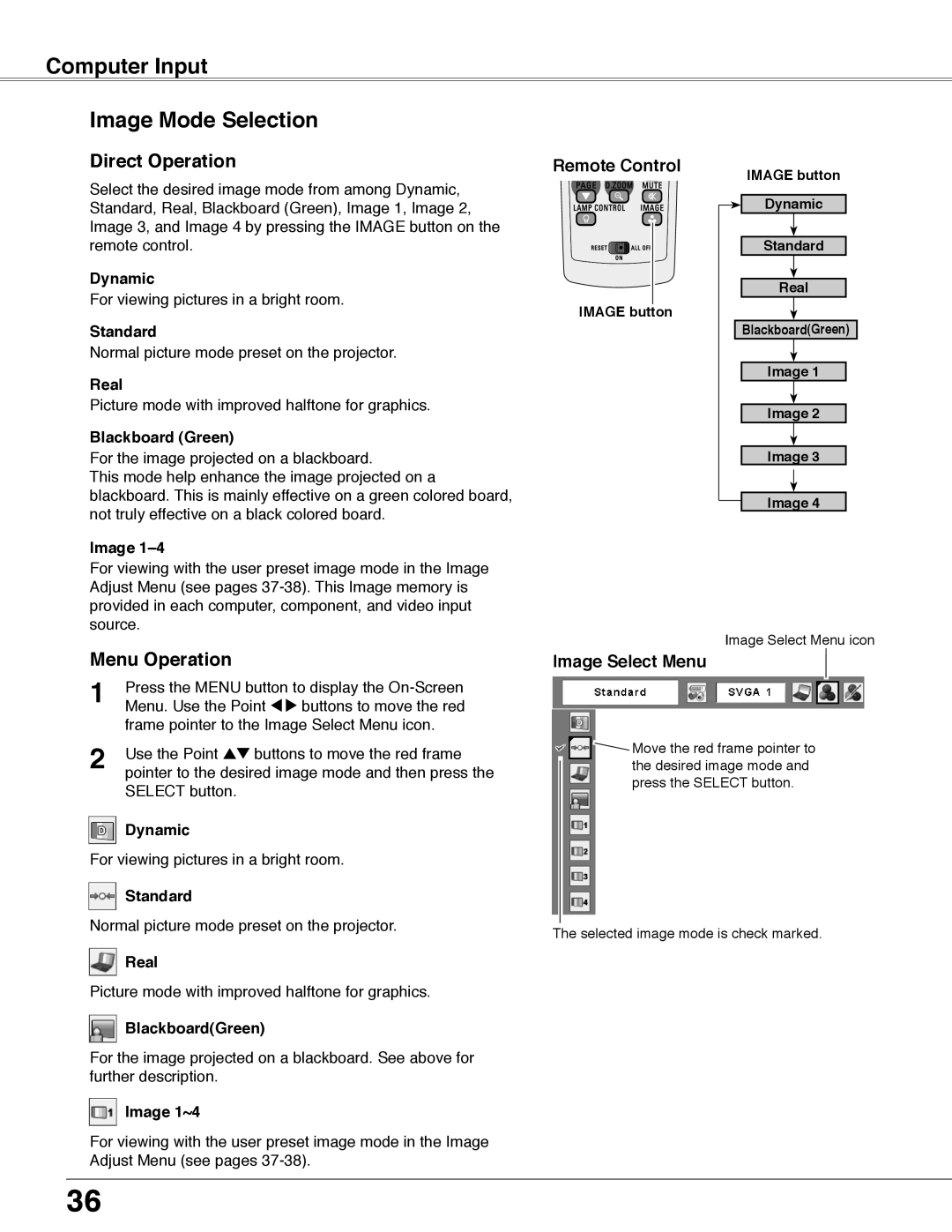 Eiki LC-WB40N owner manual Computer Input Image Mode Selection, Image Select Menu 