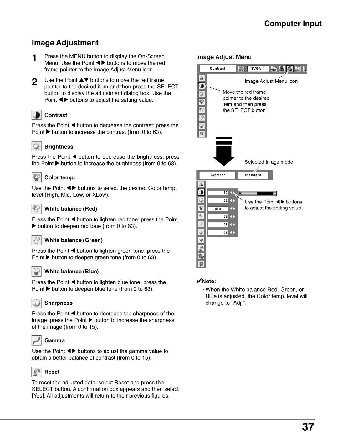 Eiki LC-WB40N owner manual Computer Input Image Adjustment, Image Adjust Menu 