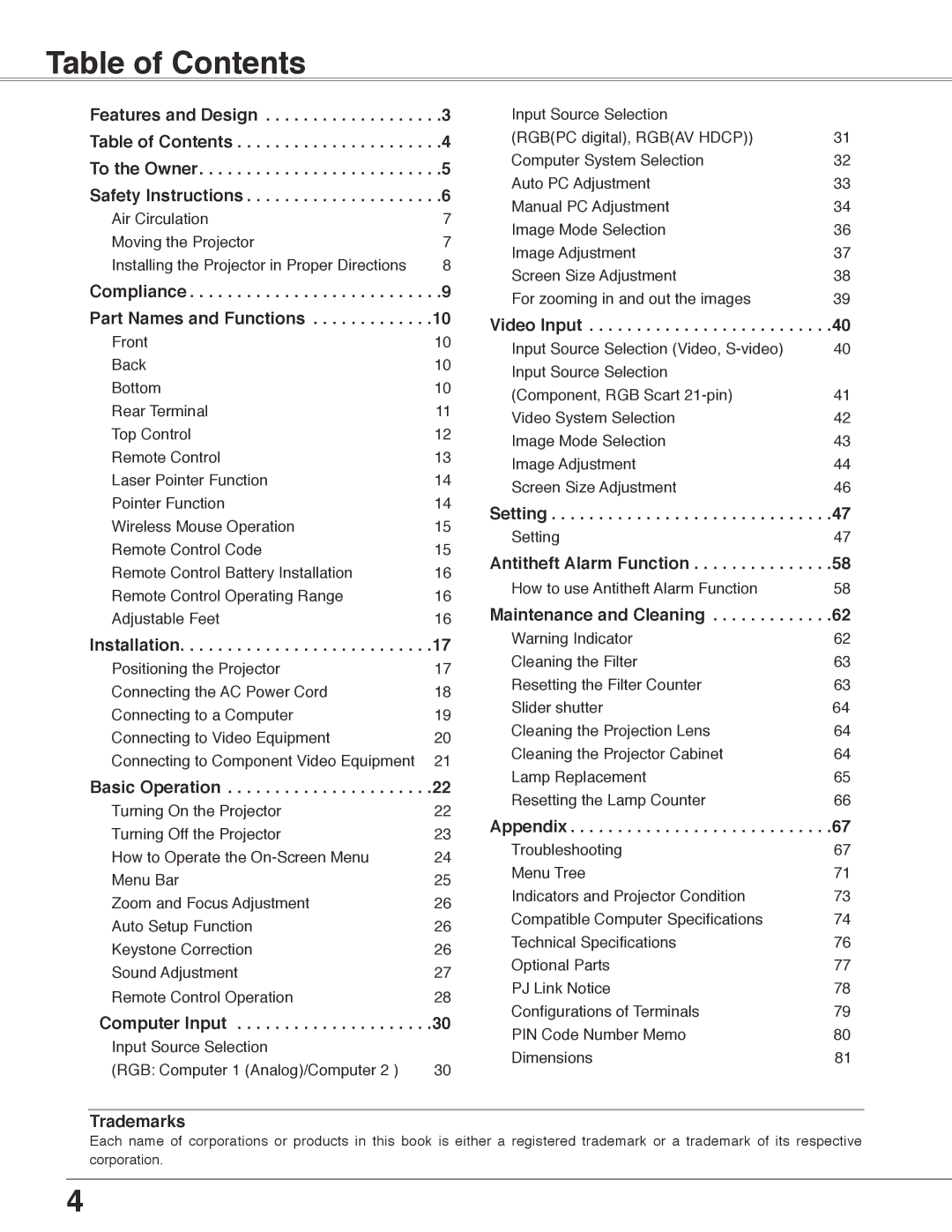 Eiki LC-WB40N owner manual Table of Contents 