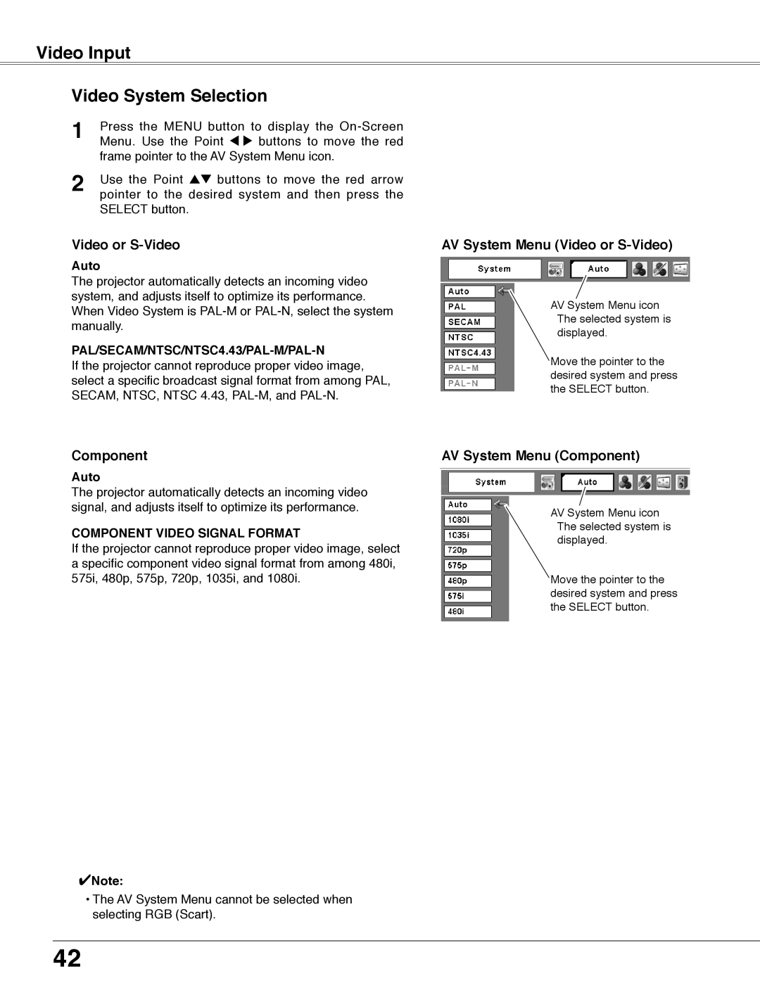 Eiki LC-WB40N Video Input Video System Selection, AV System Menu Video or S-Video, AV System Menu Component 