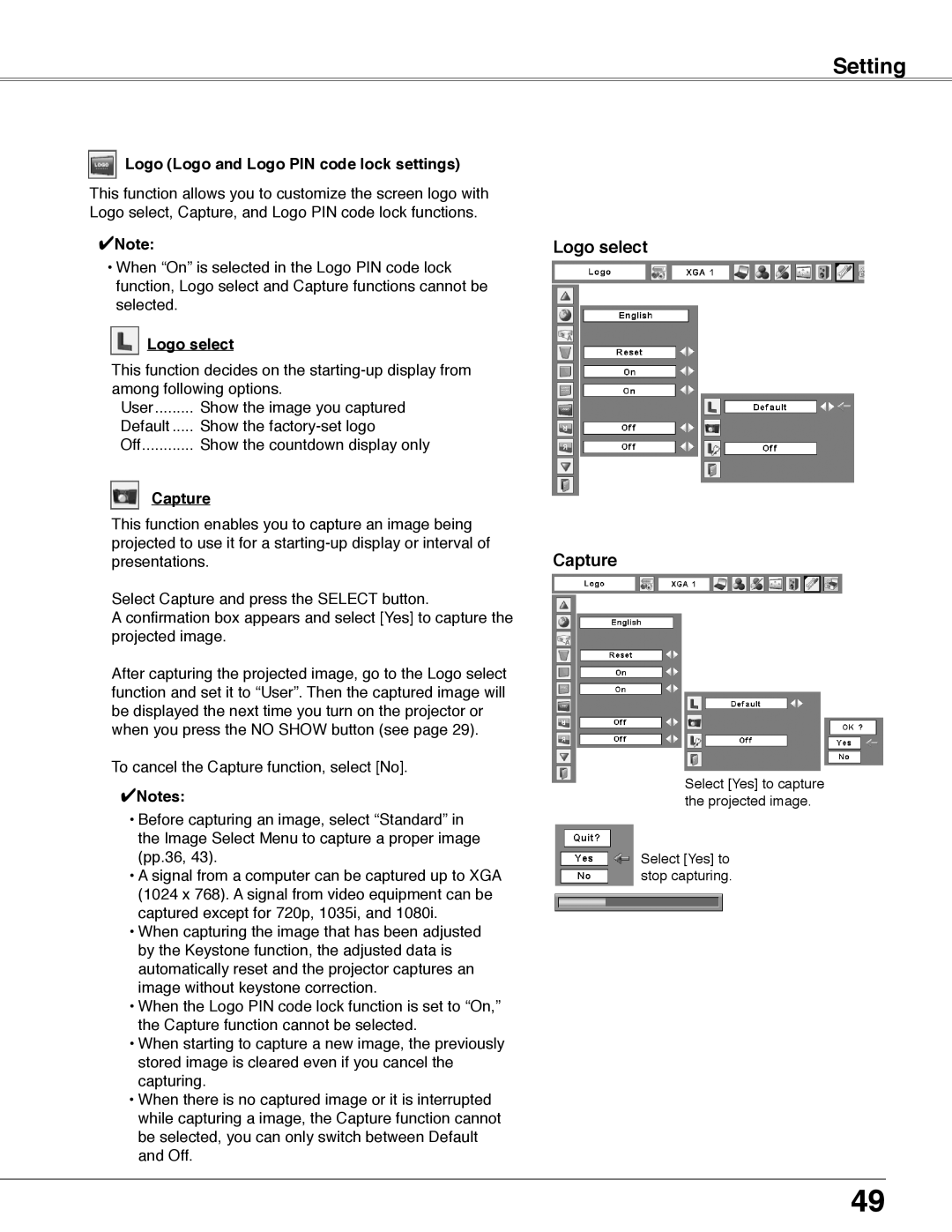 Eiki LC-WB40N owner manual Logo select Capture, Logo Logo and Logo PIN code lock settings 