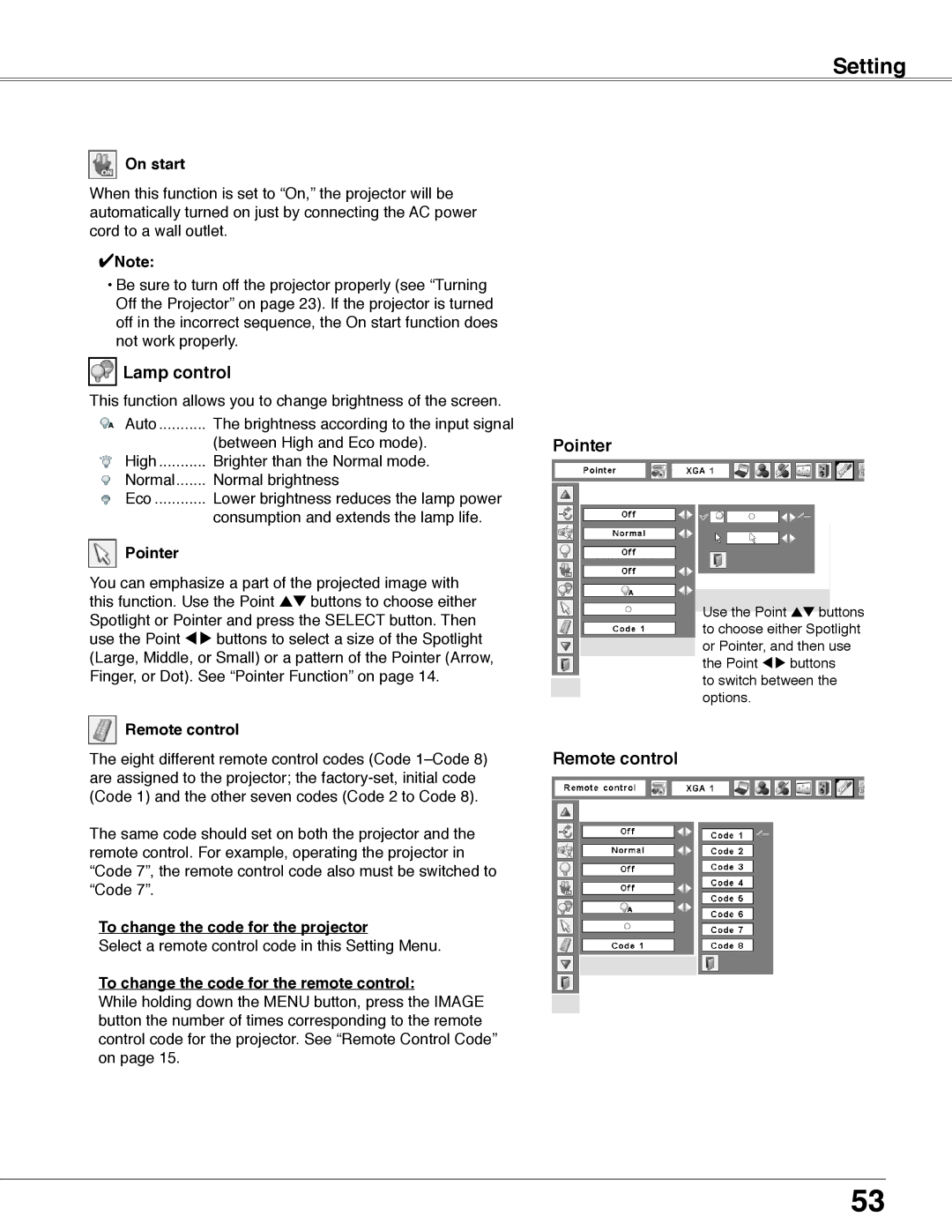 Eiki LC-WB40N owner manual Pointer, On start, Remote control, To change the code for the projector 