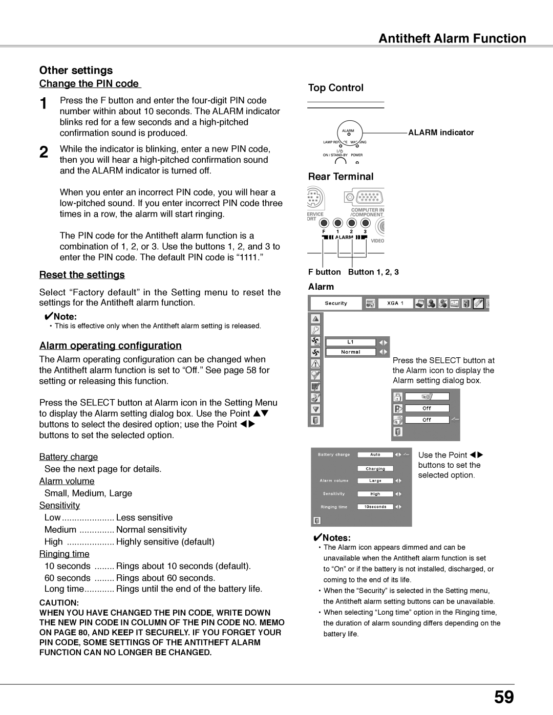 Eiki LC-WB40N owner manual Antitheft Alarm Function, Other settings, Change the PIN code, Reset the settings 