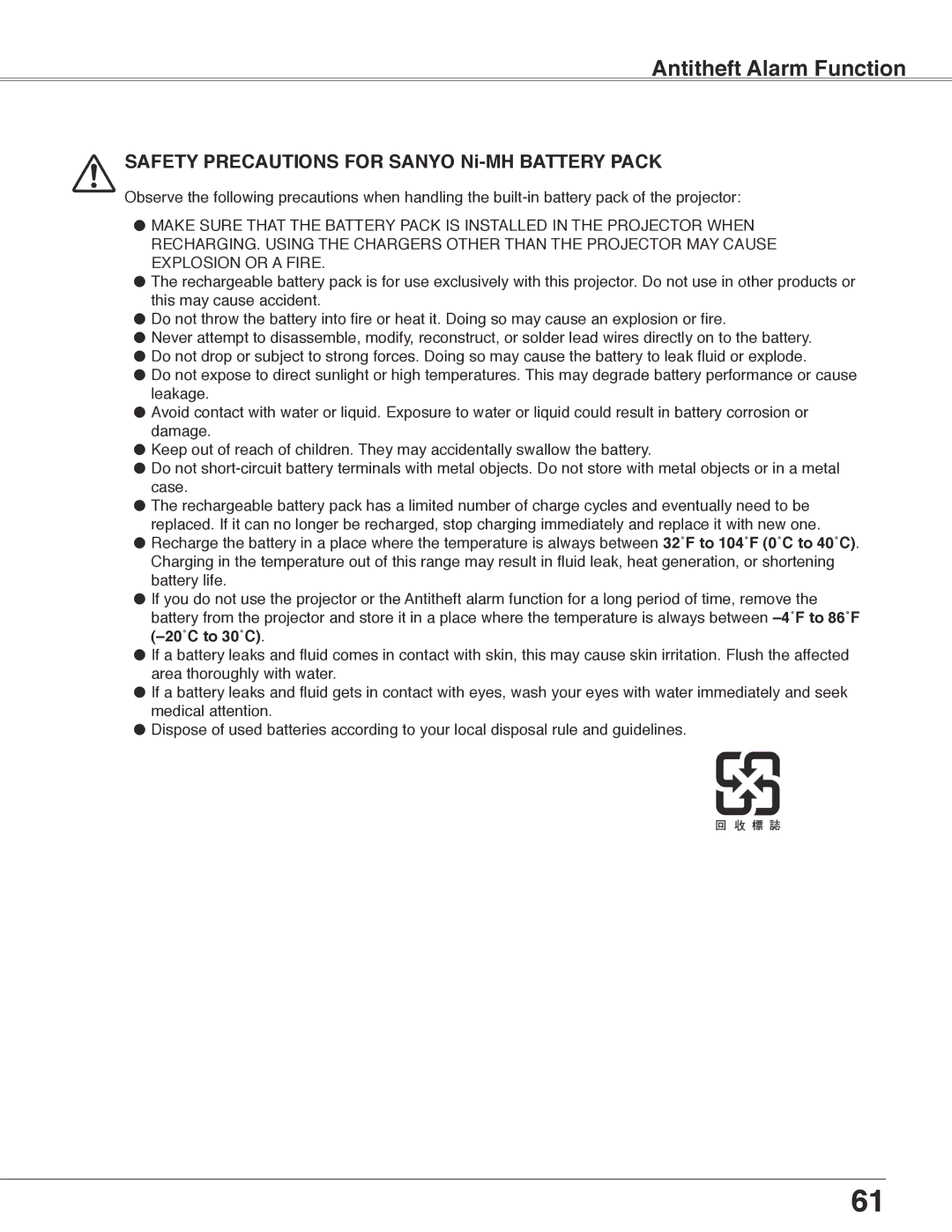 Eiki LC-WB40N owner manual SAFETY Precautions for Sanyo Ni-MH Battery Pack 