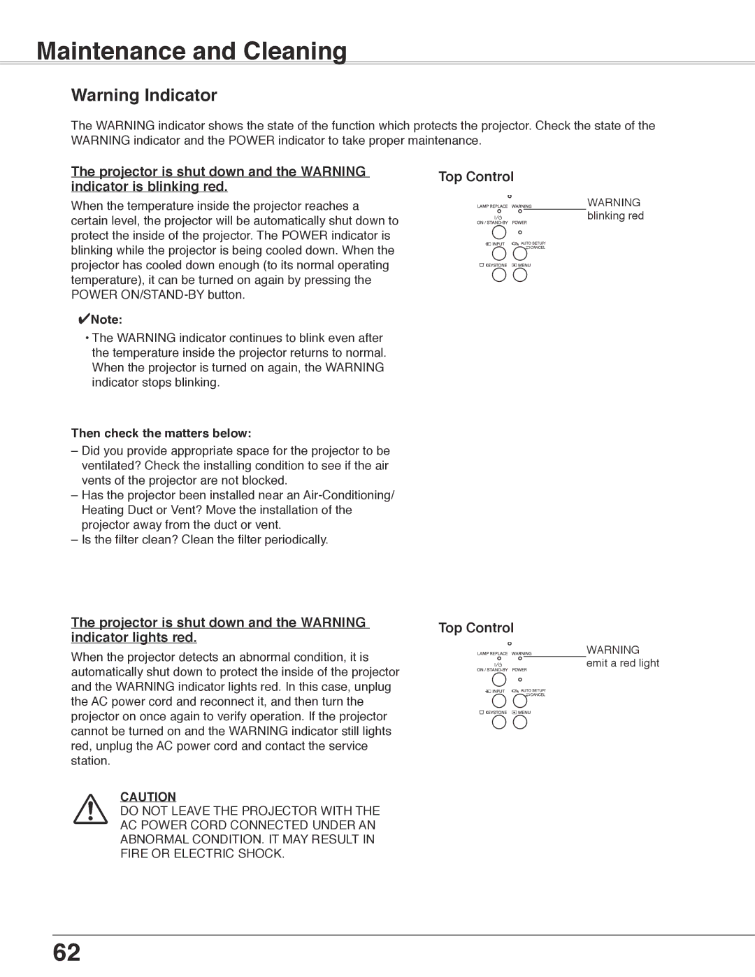 Eiki LC-WB40N owner manual Maintenance and Cleaning, Projector is shut down and the Warning indicator lights red 