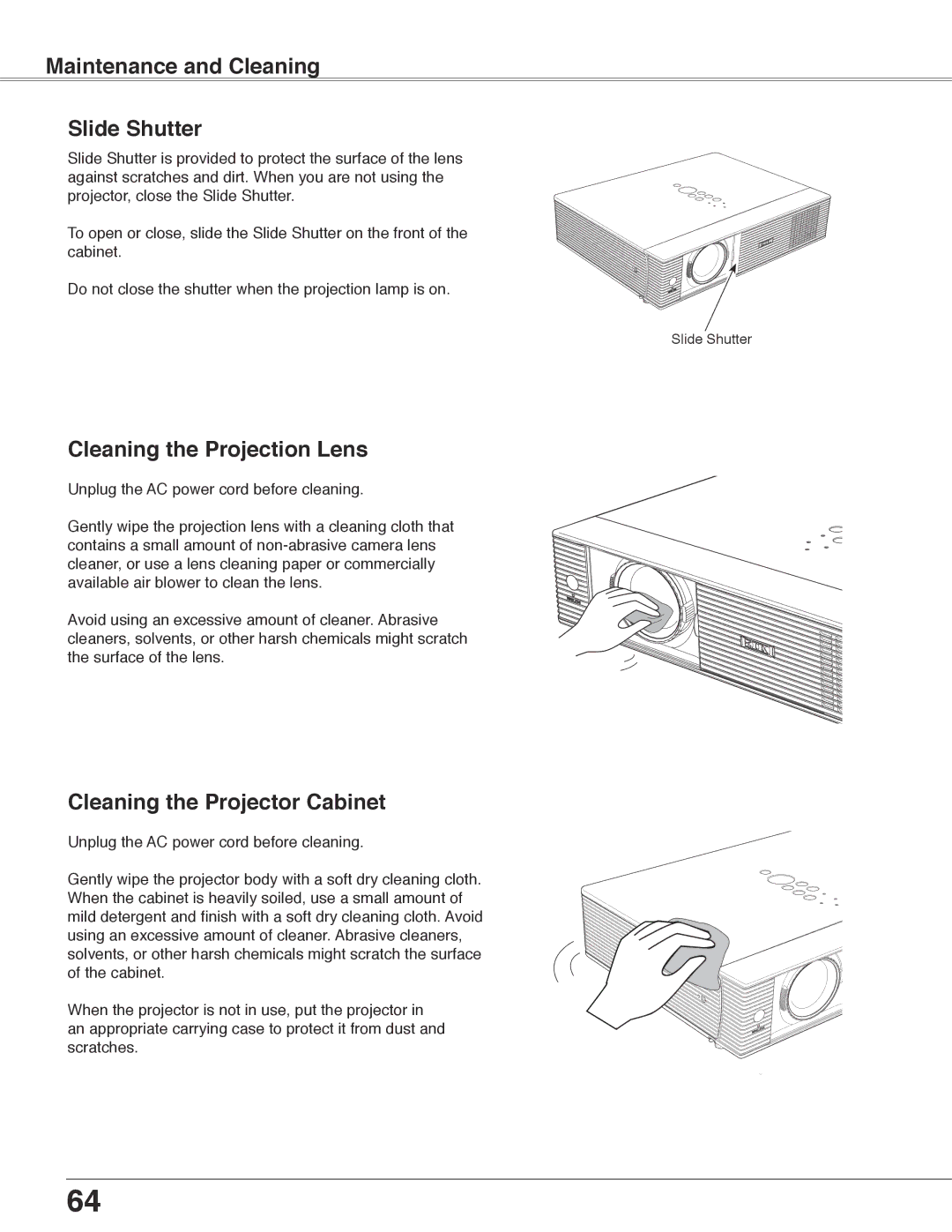 Eiki LC-WB40N Maintenance and Cleaning Slide Shutter, Cleaning the Projection Lens, Cleaning the Projector Cabinet 