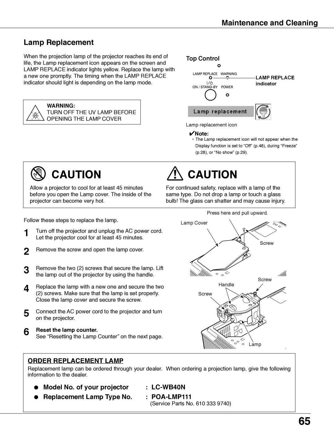 Eiki LC-WB40N owner manual Maintenance and Cleaning Lamp Replacement, Reset the lamp counter, Service Parts No 333 