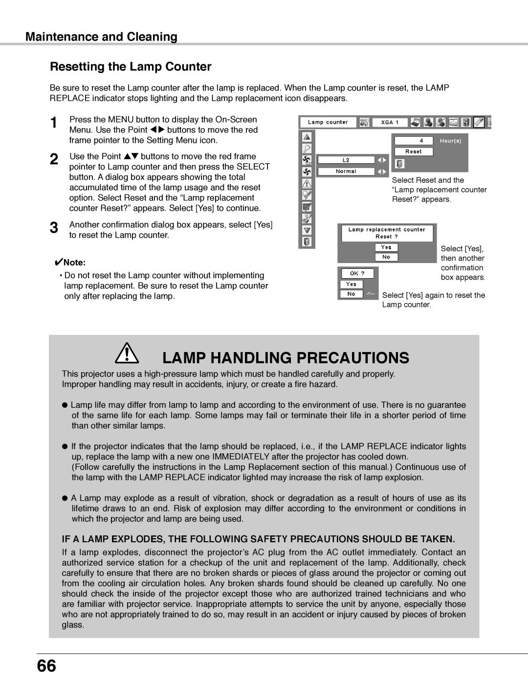 Eiki LC-WB40N owner manual Lamp Handling Precautions, Maintenance and Cleaning Resetting the Lamp Counter 