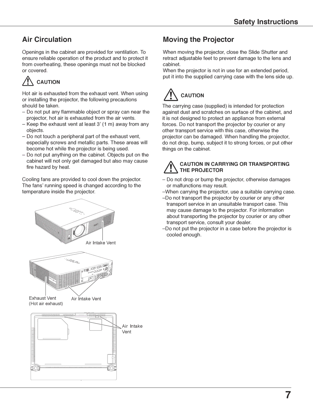 Eiki LC-WB40N owner manual Safety Instructions Air Circulation, Moving the Projector 