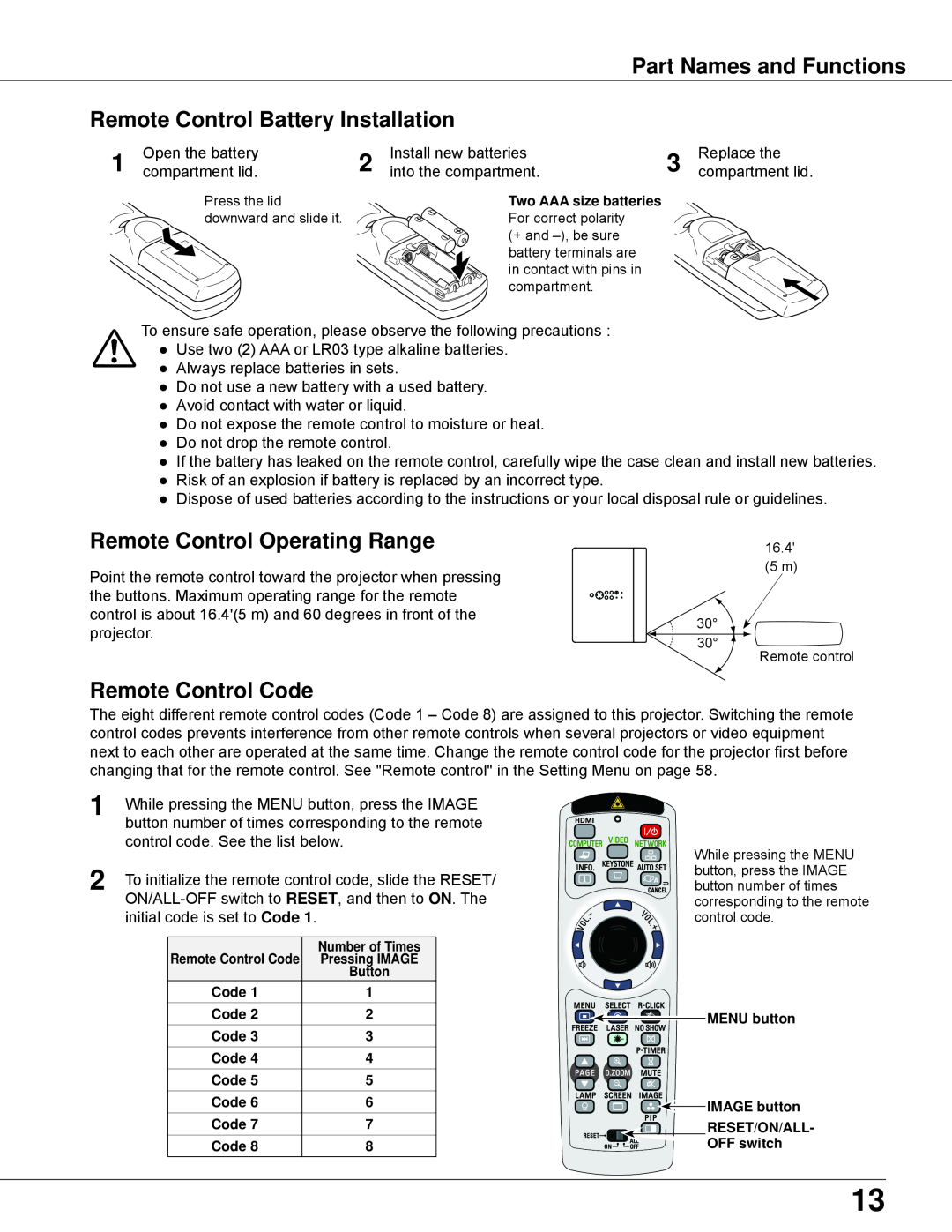 Eiki LC-WB42N owner manual Part Names and Functions Remote Control Battery Installation, Remote Control Operating Range 