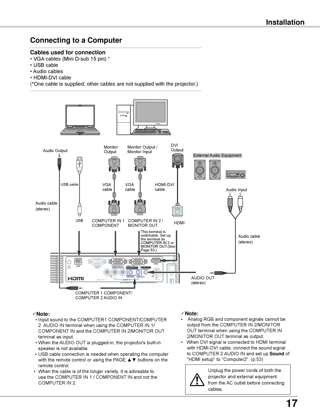 Eiki LC-WB42N owner manual Installation Connecting to a Computer, Cables used for connection, Note 