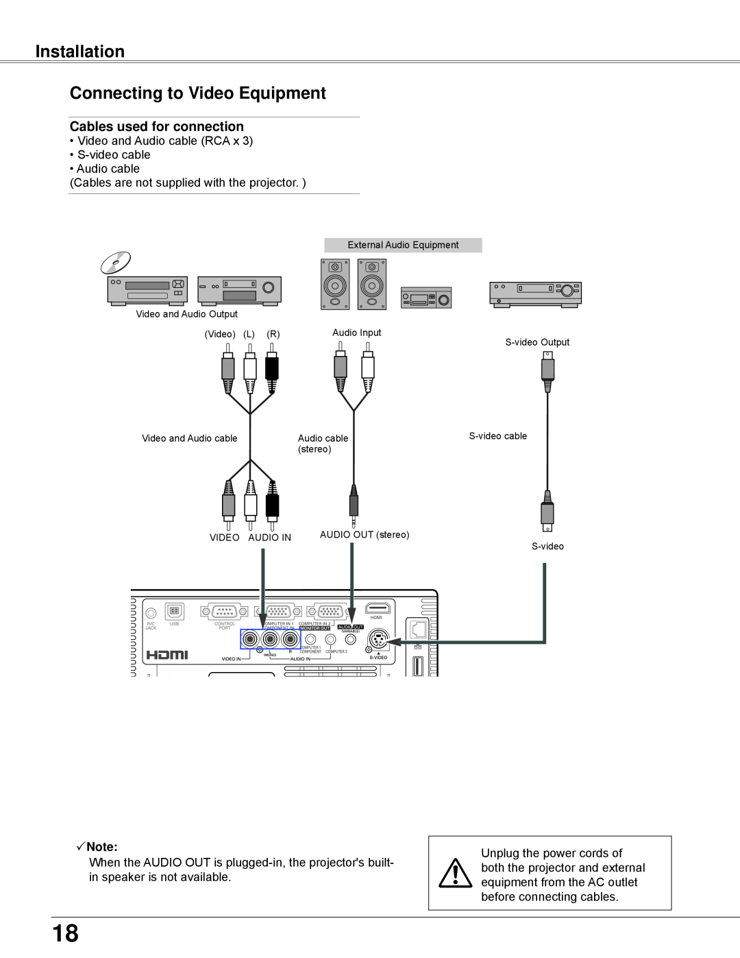 Eiki LC-WB42N owner manual Installation Connecting to Video Equipment, Cables used for connection, Note 