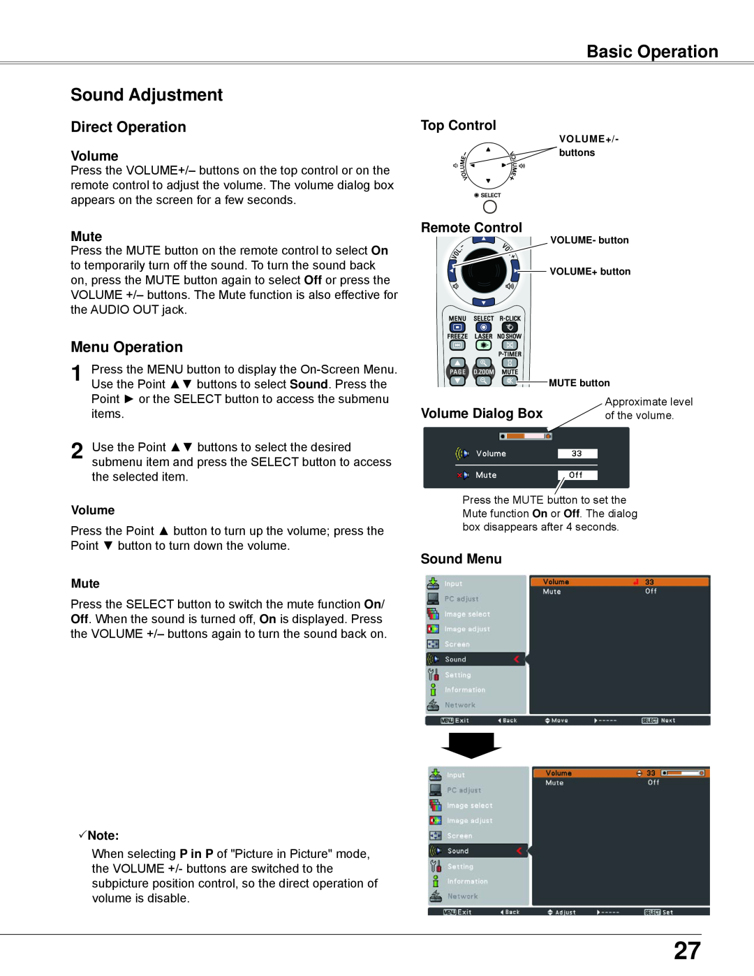 Eiki LC-WB42N Sound Adjustment, Direct Operation, Menu Operation, Mute, Volume Dialog Box, Sound Menu, Basic Operation 