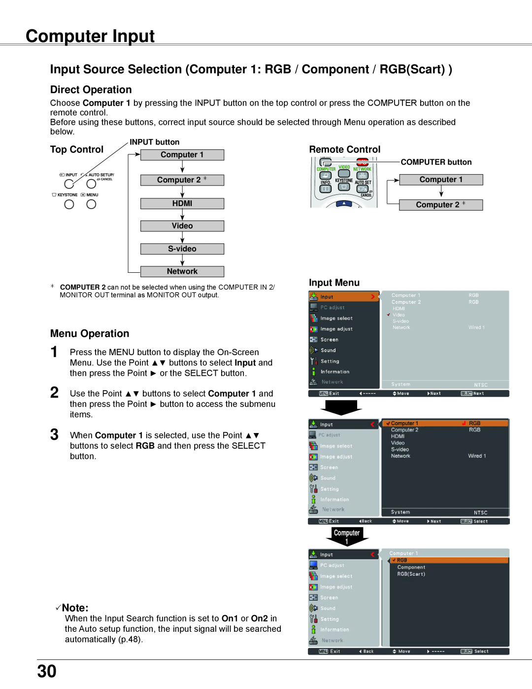 Eiki LC-WB42N Computer Input, Input Source Selection Computer 1 RGB / Component / RGBScart, Input Menu, Direct Operation 