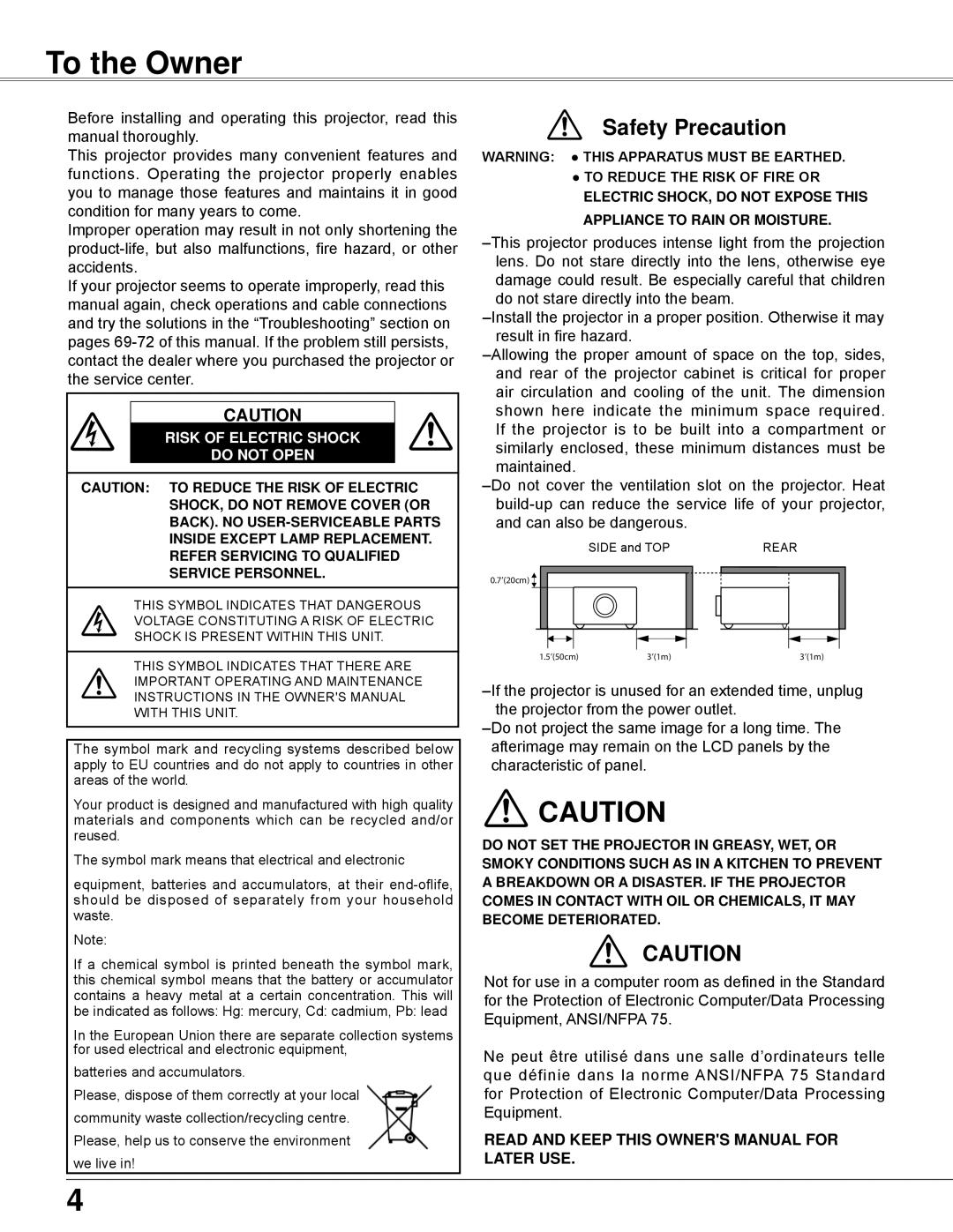 Eiki LC-WB42N owner manual To the Owner, Safety Precaution, Risk Of Electric Shock Do Not Open 