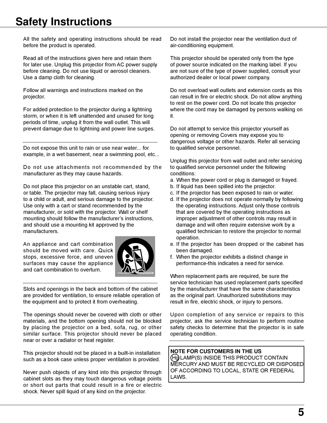 Eiki LC-WB42N owner manual Safety Instructions, Note For Customers In The Us 