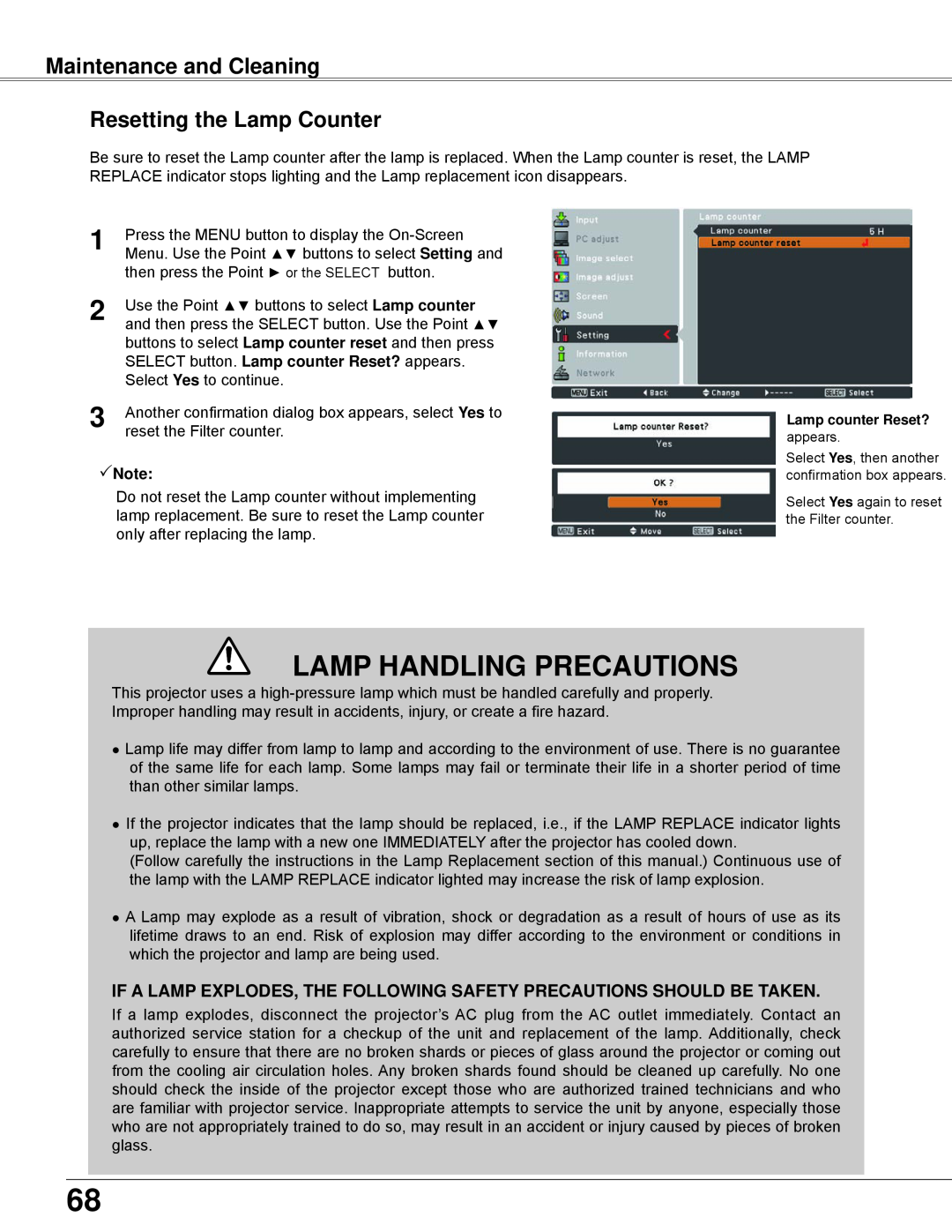 Eiki LC-WB42N owner manual Maintenance and Cleaning Resetting the Lamp Counter, Lamp Handling Precautions, Note 