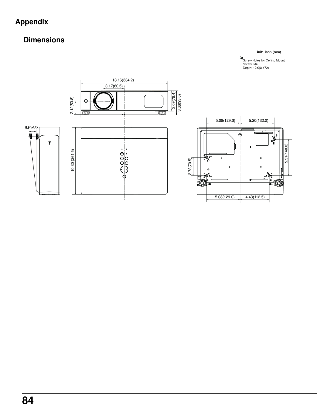Eiki LC-WB42N owner manual Appendix Dimensions, Unit inch mm 