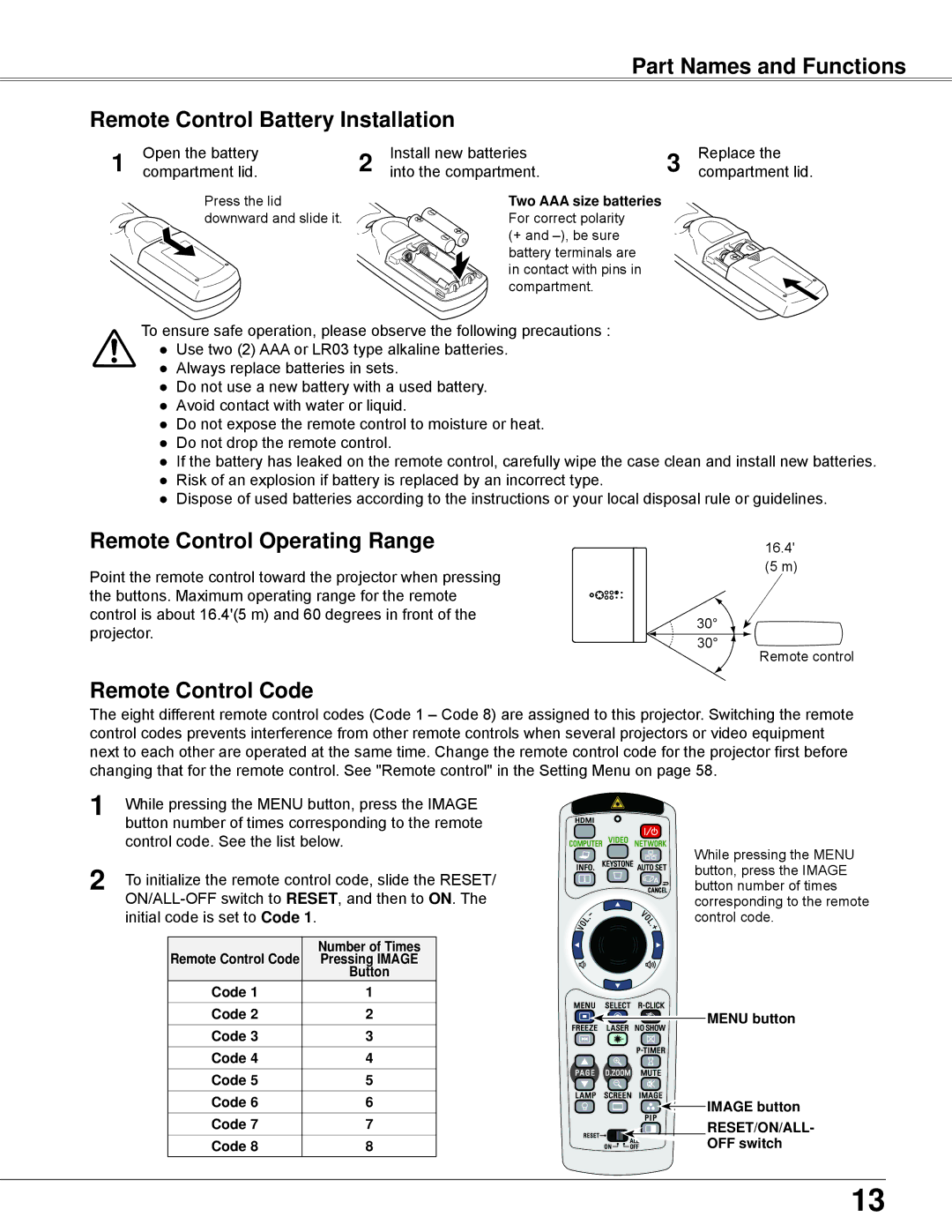 Eiki LC-WB42N owner manual Remote Control Operating Range, Remote Control Code 