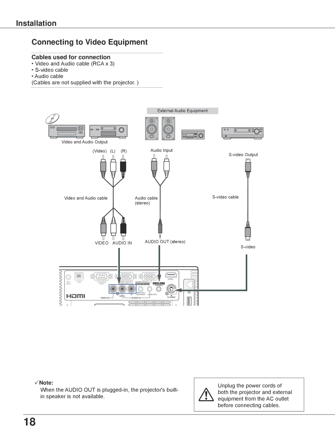 Eiki LC-WB42N owner manual Installation Connecting to Video Equipment 