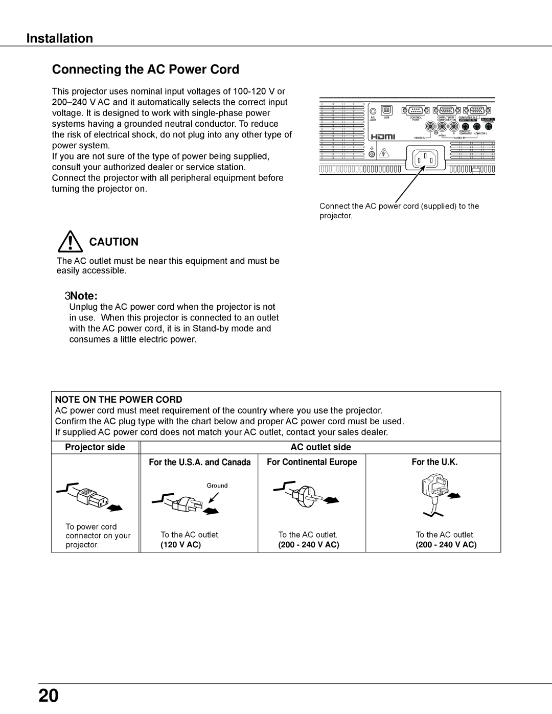 Eiki LC-WB42N Installation Connecting the AC Power Cord, Projector side AC outlet side, For the U..S..A. and Canada 