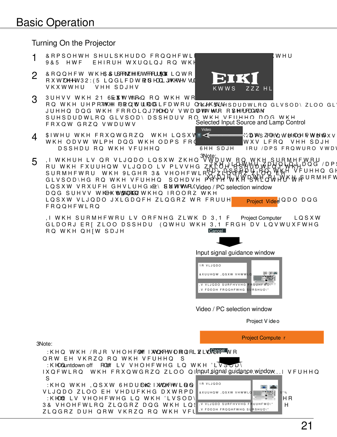 Eiki LC-WB42N owner manual Basic Operation, Turning On the Projector, Selected Input Source and Lamp Control 