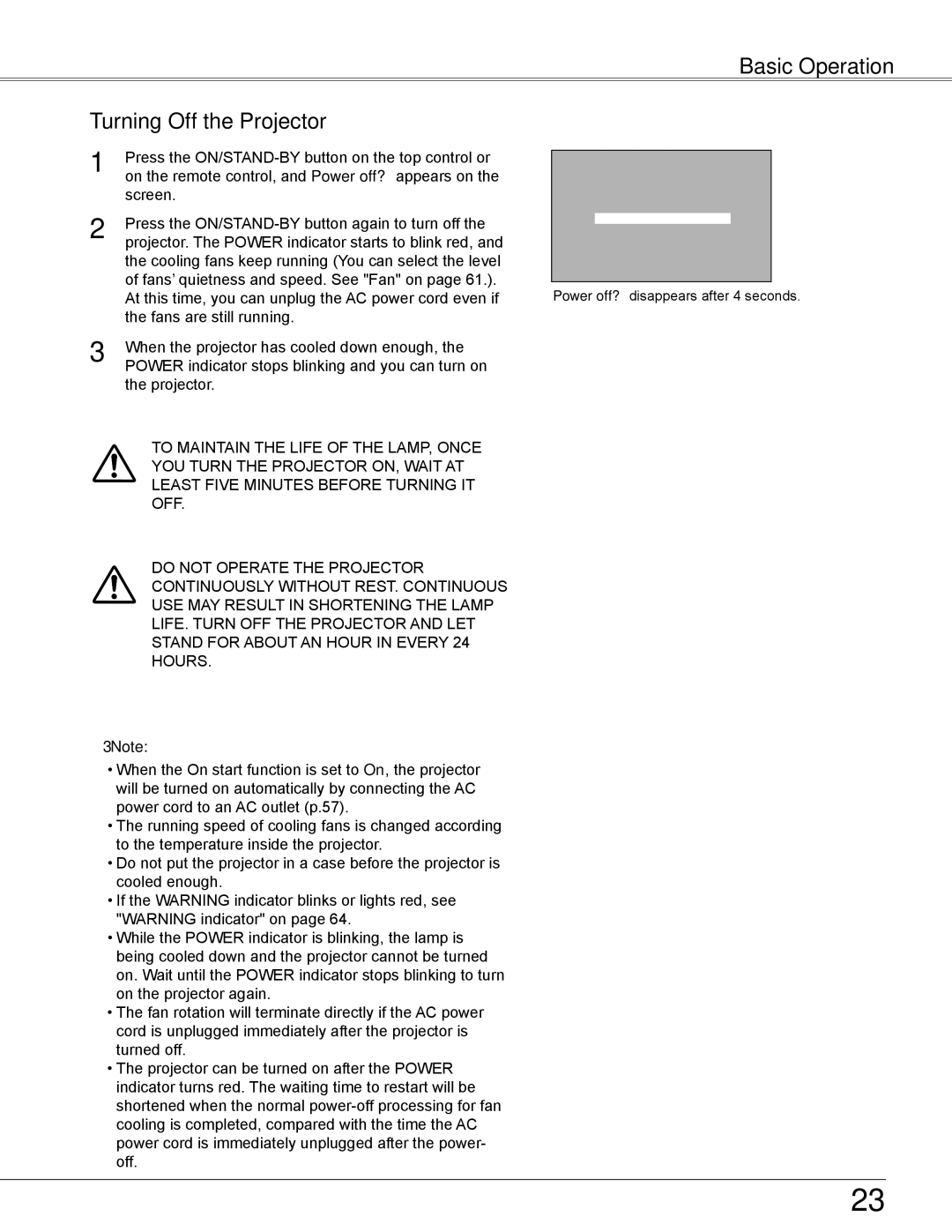 Eiki LC-WB42N owner manual Basic Operation Turning Off the Projector 