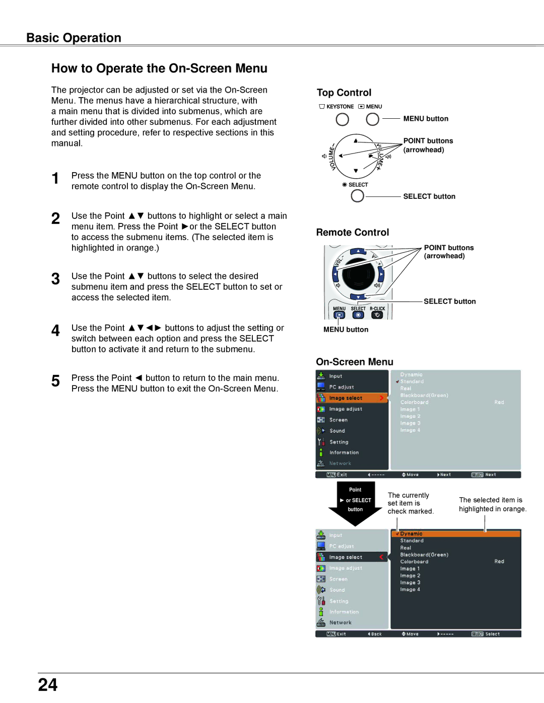 Eiki LC-WB42N owner manual Basic Operation How to Operate the On-Screen Menu, Top Control, Remote Control 