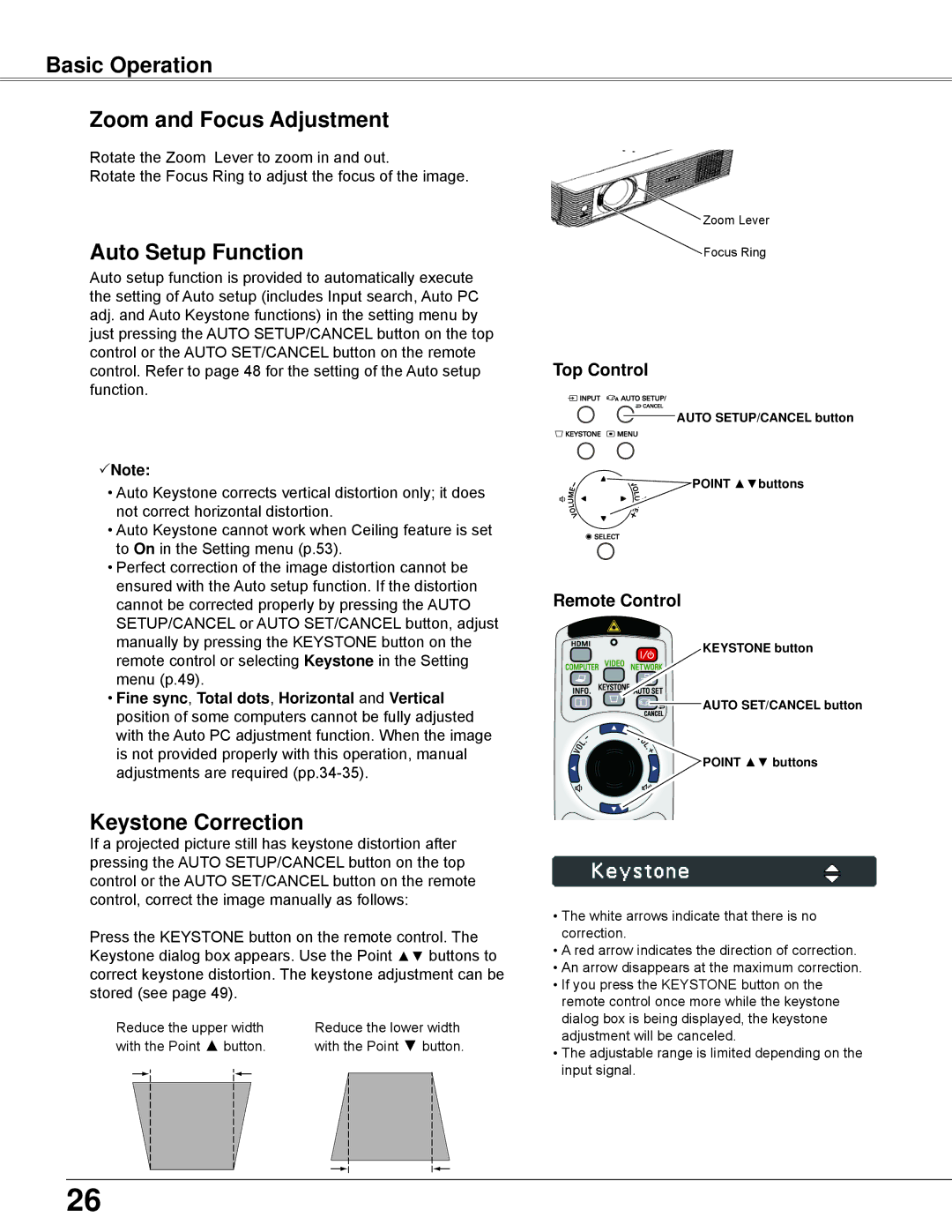 Eiki LC-WB42N owner manual Basic Operation Zoom and Focus Adjustment, Auto Setup Function, Keystone Correction 