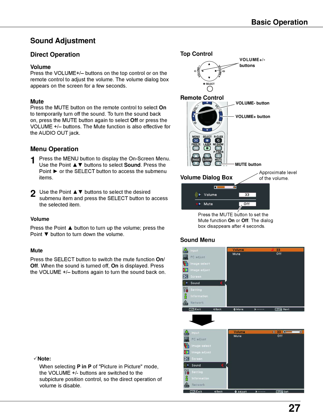 Eiki LC-WB42N owner manual Basic Operation Sound Adjustment, Mute, Volume Dialog Box, Sound Menu 