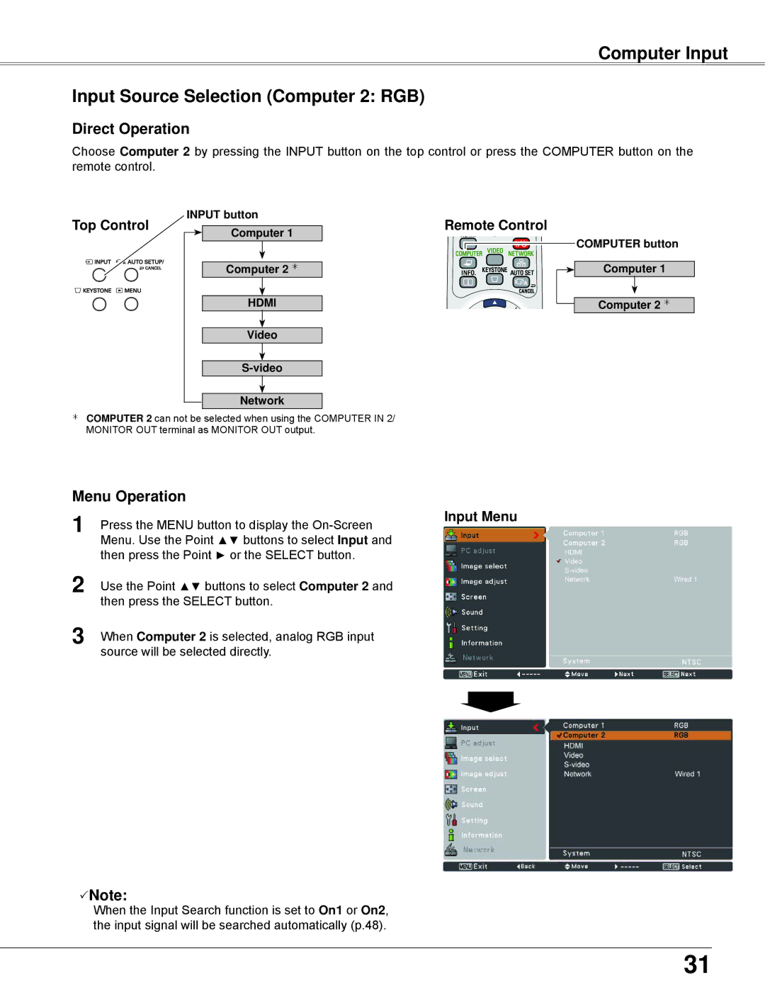 Eiki LC-WB42N Computer Input Input Source Selection Computer 2 RGB, Input Menu, Input button Computer Computer 2  