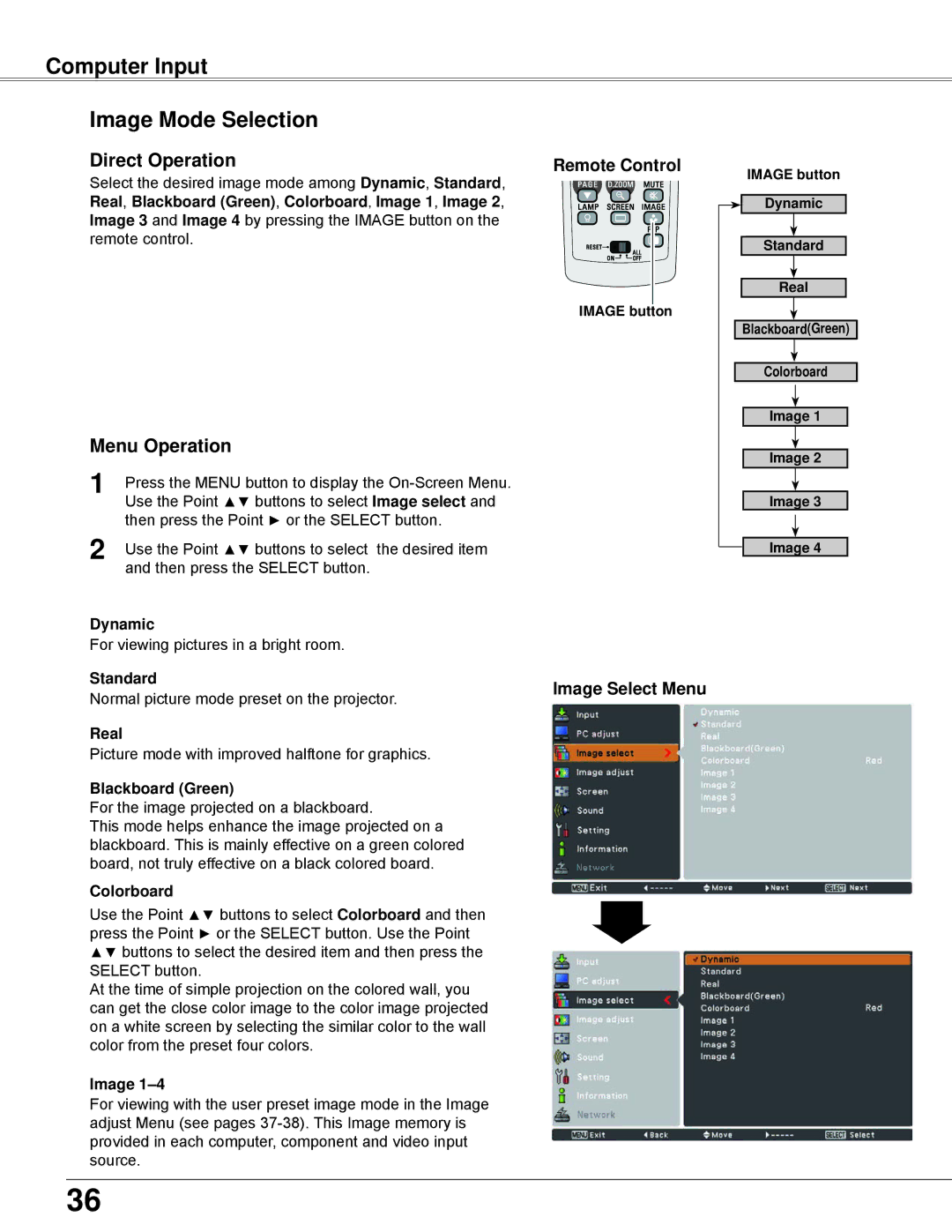 Eiki LC-WB42N owner manual Computer Input Image Mode Selection, Image Select Menu 