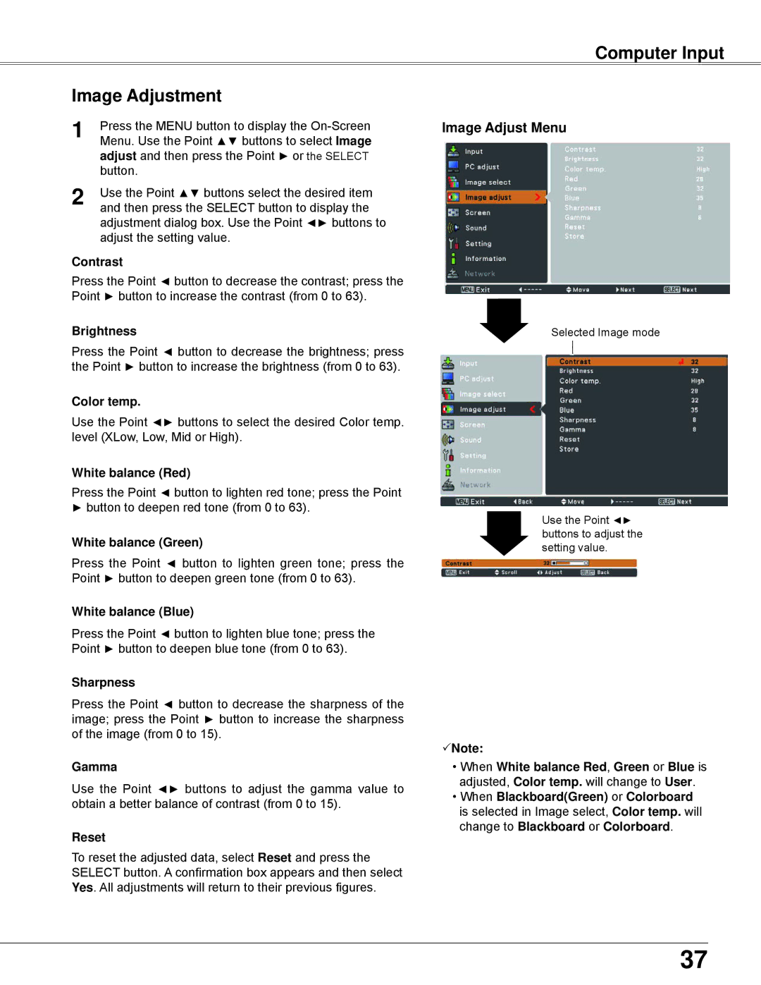 Eiki LC-WB42N owner manual Computer Input Image Adjustment, Image Adjust Menu 