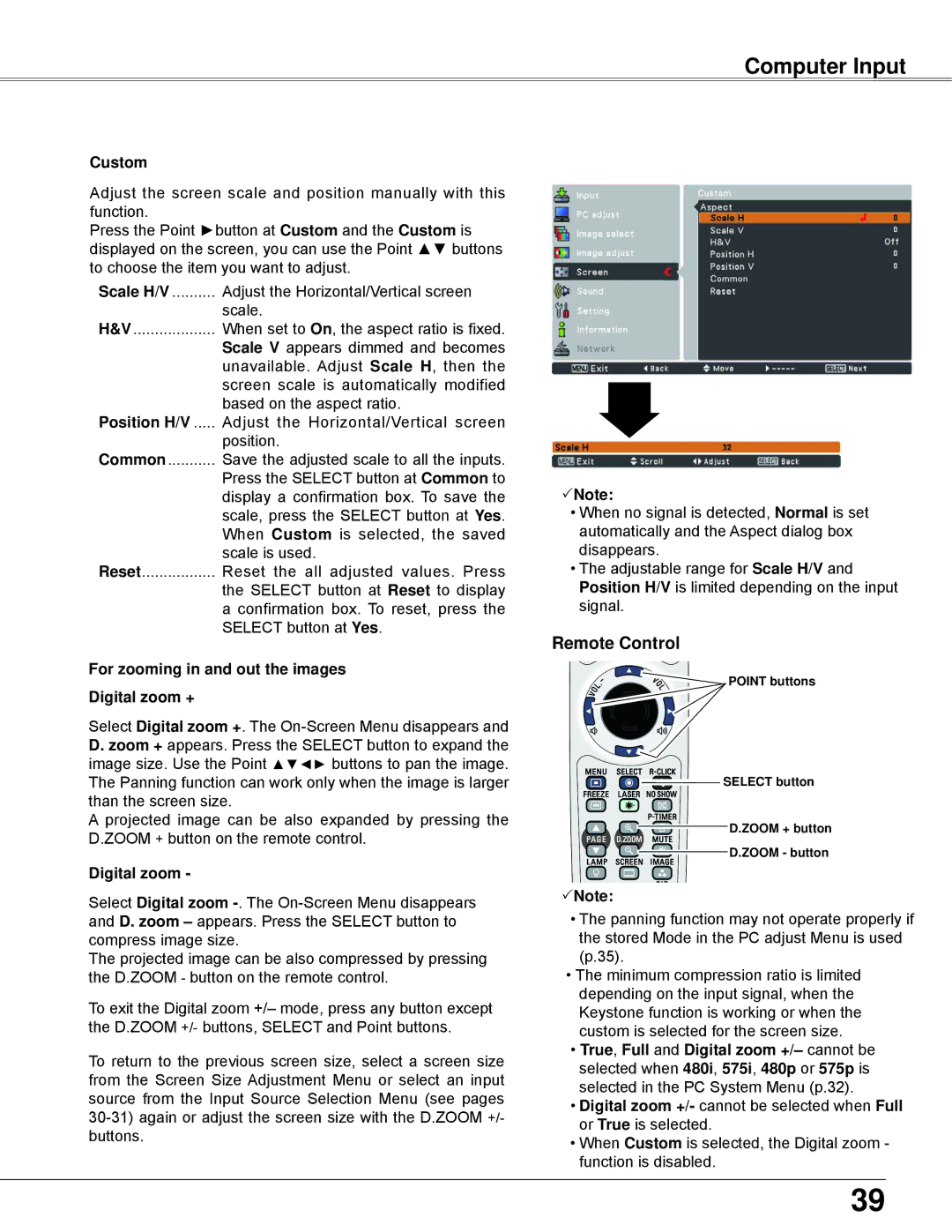 Eiki LC-WB42N owner manual Custom, Position H/V, For zooming in and out the images Digital zoom + 