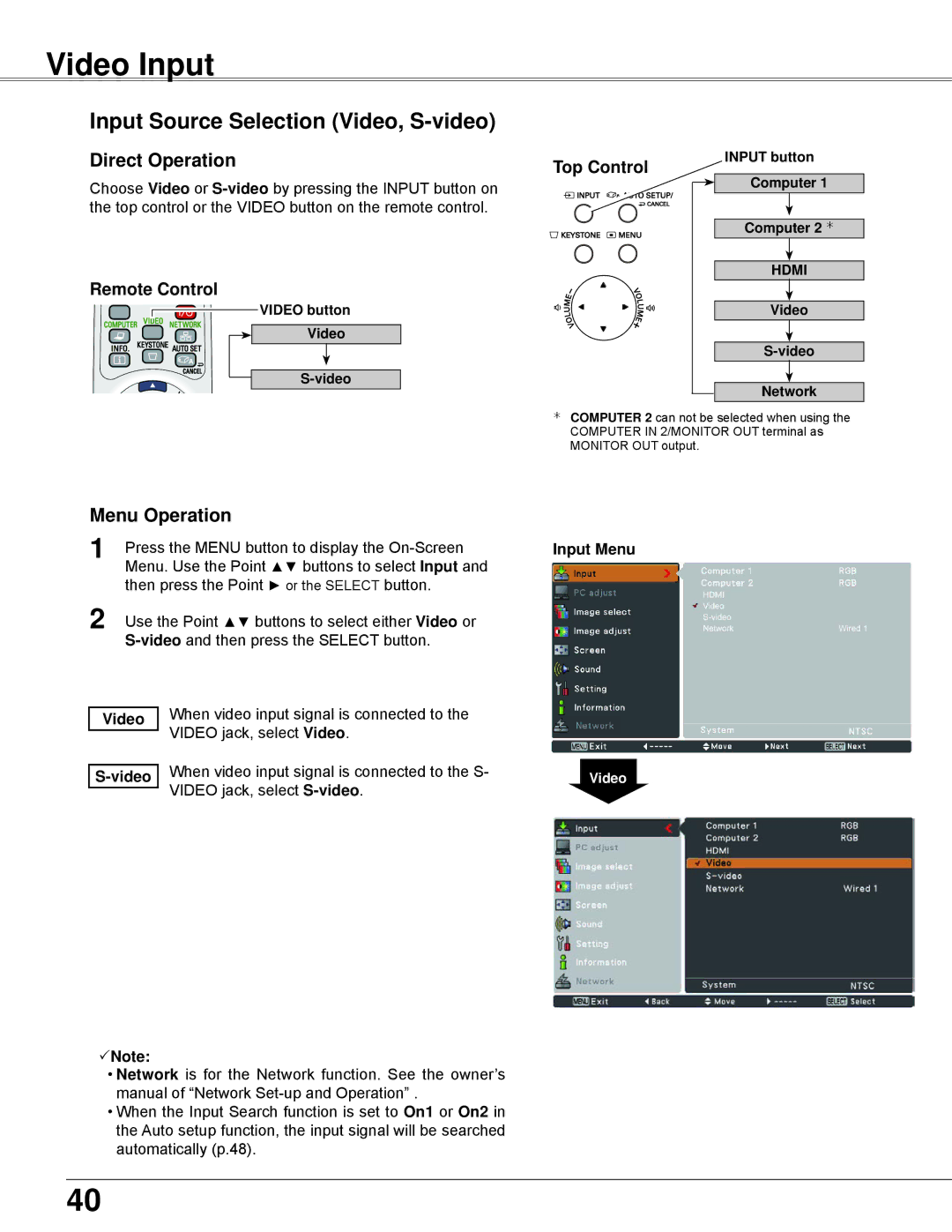 Eiki LC-WB42N owner manual Video Input, Input Source Selection Video, S-video, Video button 