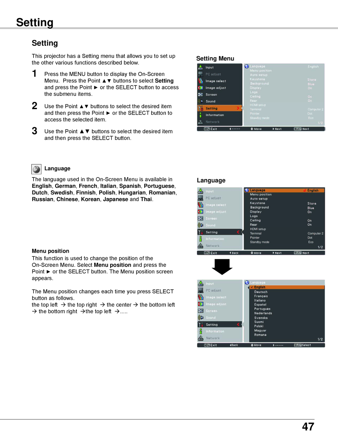 Eiki LC-WB42N owner manual Setting Menu, Language 