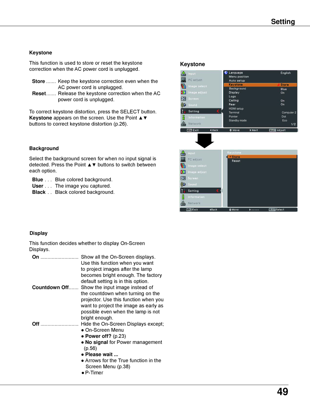 Eiki LC-WB42N owner manual Keystone, Background, Display, Countdown Off, Power off? p.23, Please wait 