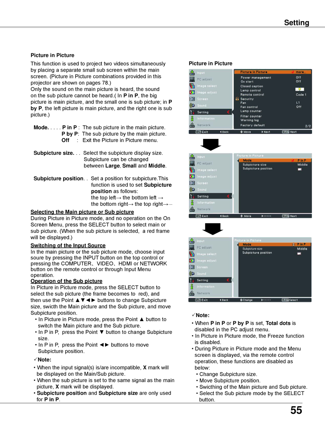 Eiki LC-WB42N owner manual Picture in Picture, Selecting the Main picture or Sub picture, Switching of the Input Source 