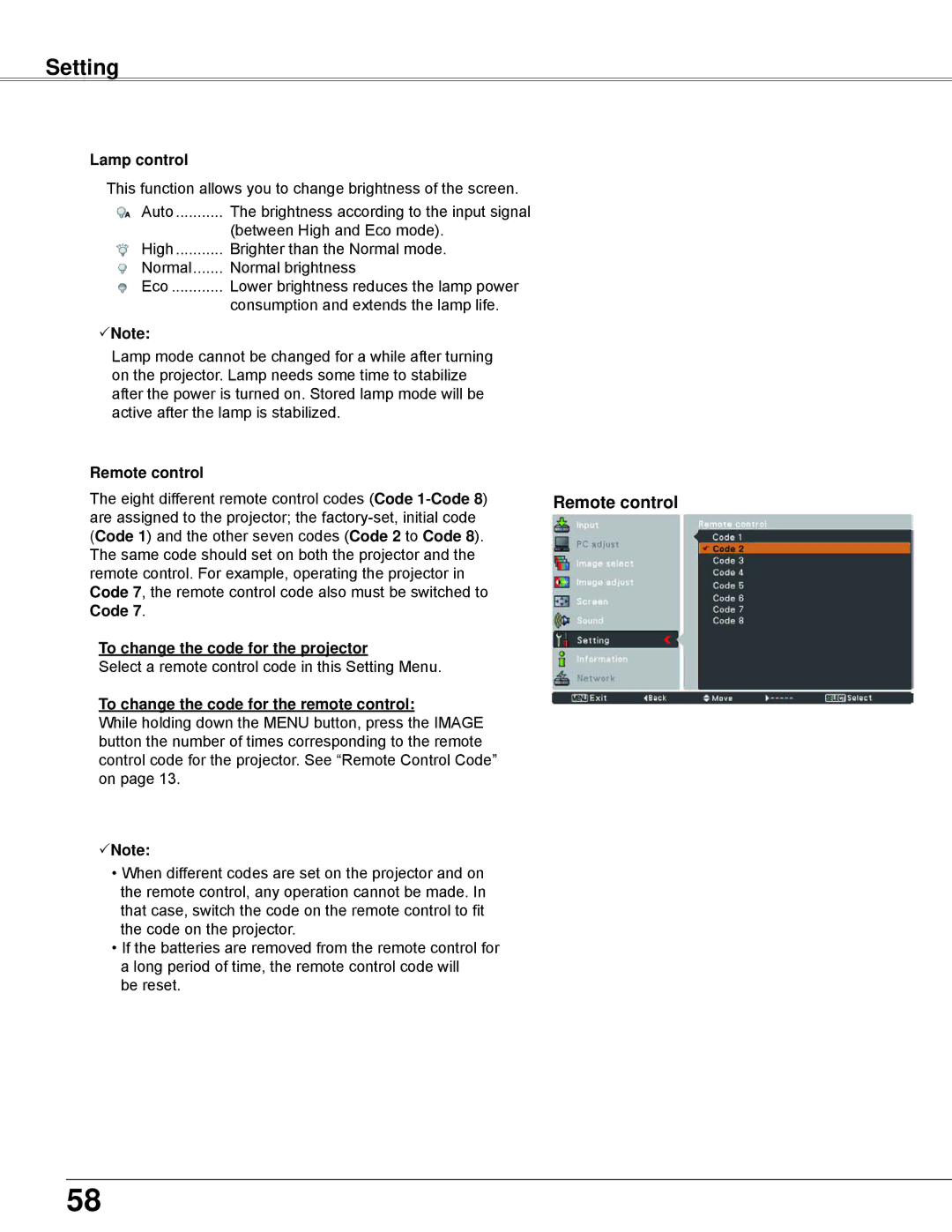 Eiki LC-WB42N owner manual Lamp control, Remote control, To change the code for the projector 