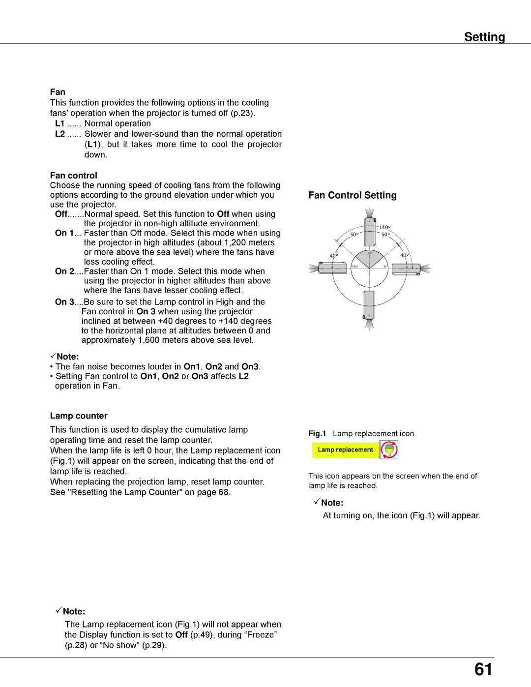 Eiki LC-WB42N owner manual Fan Control Setting, Fan control, Lamp counter 