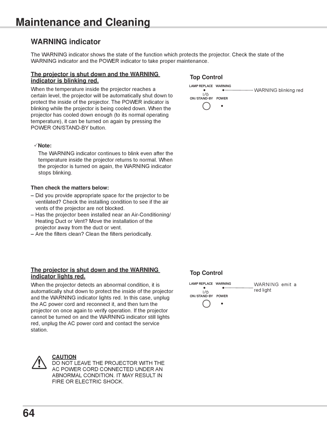 Eiki LC-WB42N owner manual Maintenance and Cleaning, Projector is shut down and the Warning, Indicator is blinking red 